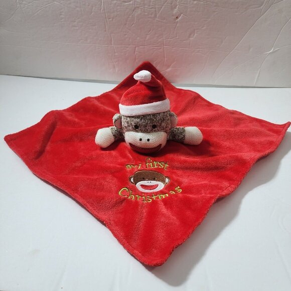 Baby Starters Sock Monkey My First Christmas Security Blanket Rattle Lovey Plush - Picture 1 of 5